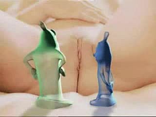 Blonde cutie gets fucked by facetious animated condoms and a dildo